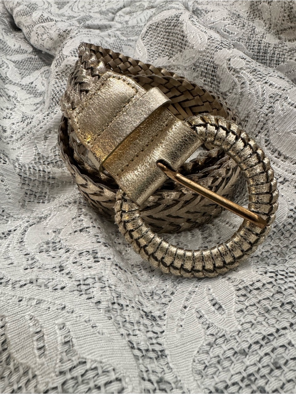 Metallic Braided Round-Buckle Women’s Belt - Gold
